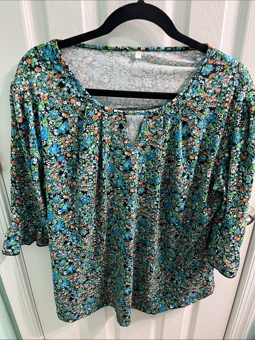 Floral Scoop Neck Women's Top in Teal Blue